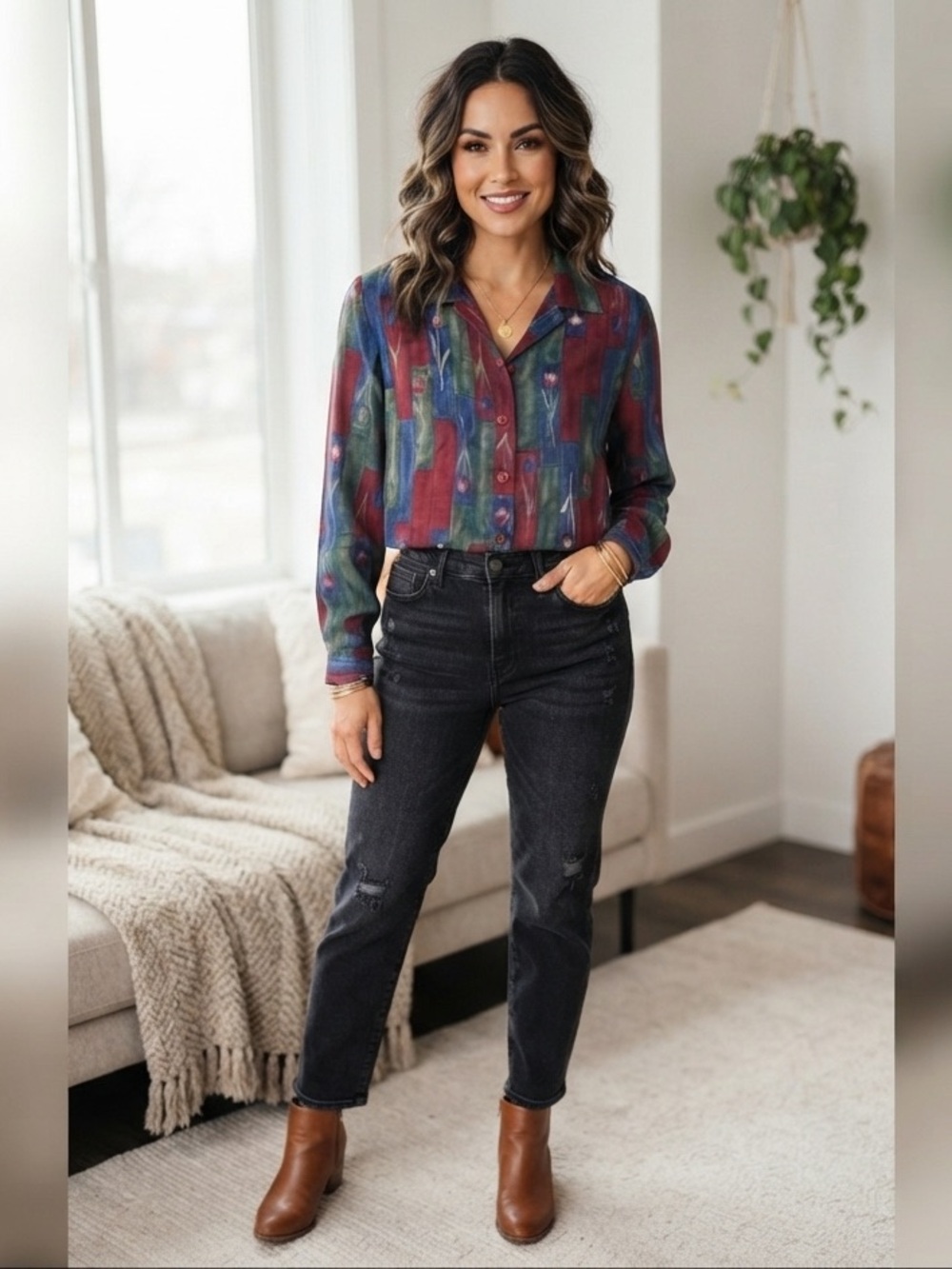 Vintage 90s Abstract Patchwork 100%Silk Blouse | Colorful Tulip Floral Button Up
